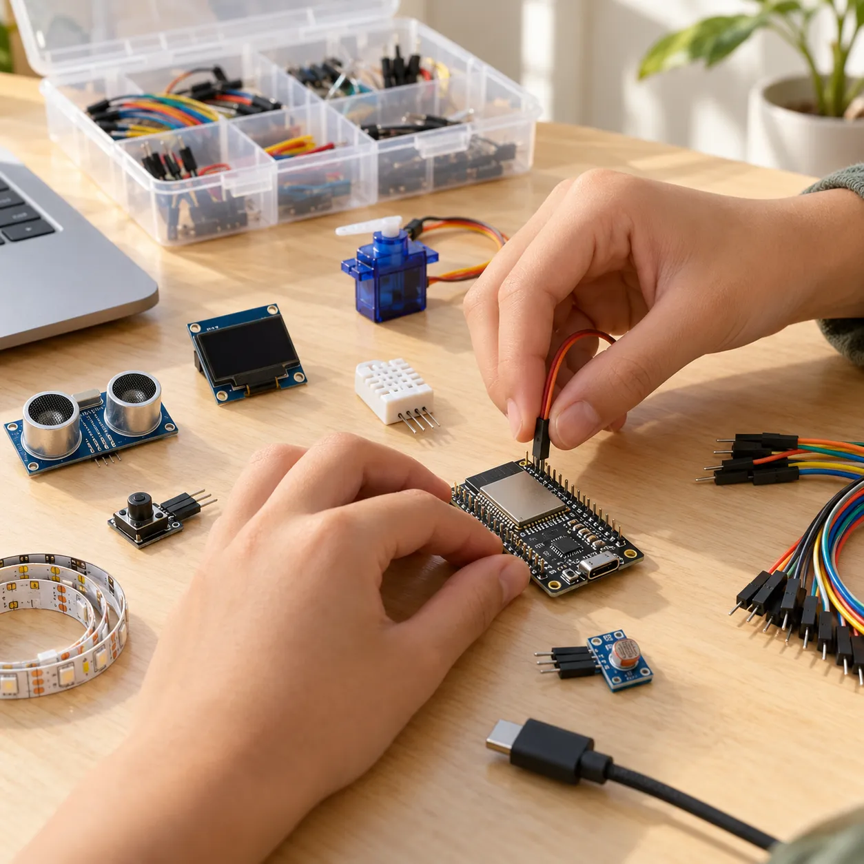 Student hands exploring an ESP32-S3 board and sensors at a bright worktable